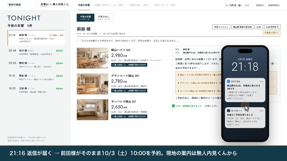反響から内見の予約まで作る画面