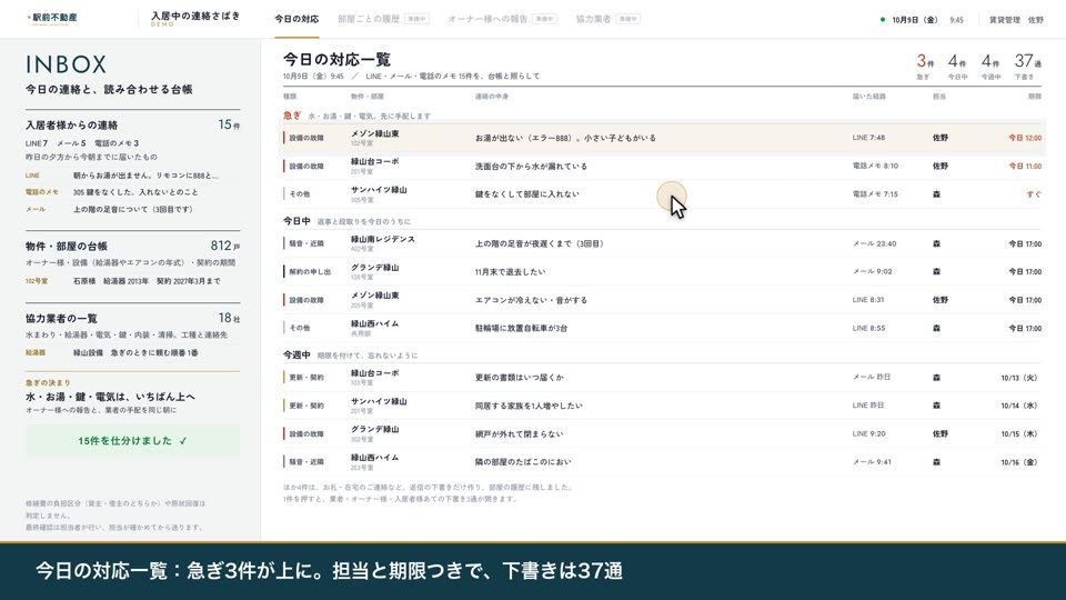 入居中の連絡をさばく画面