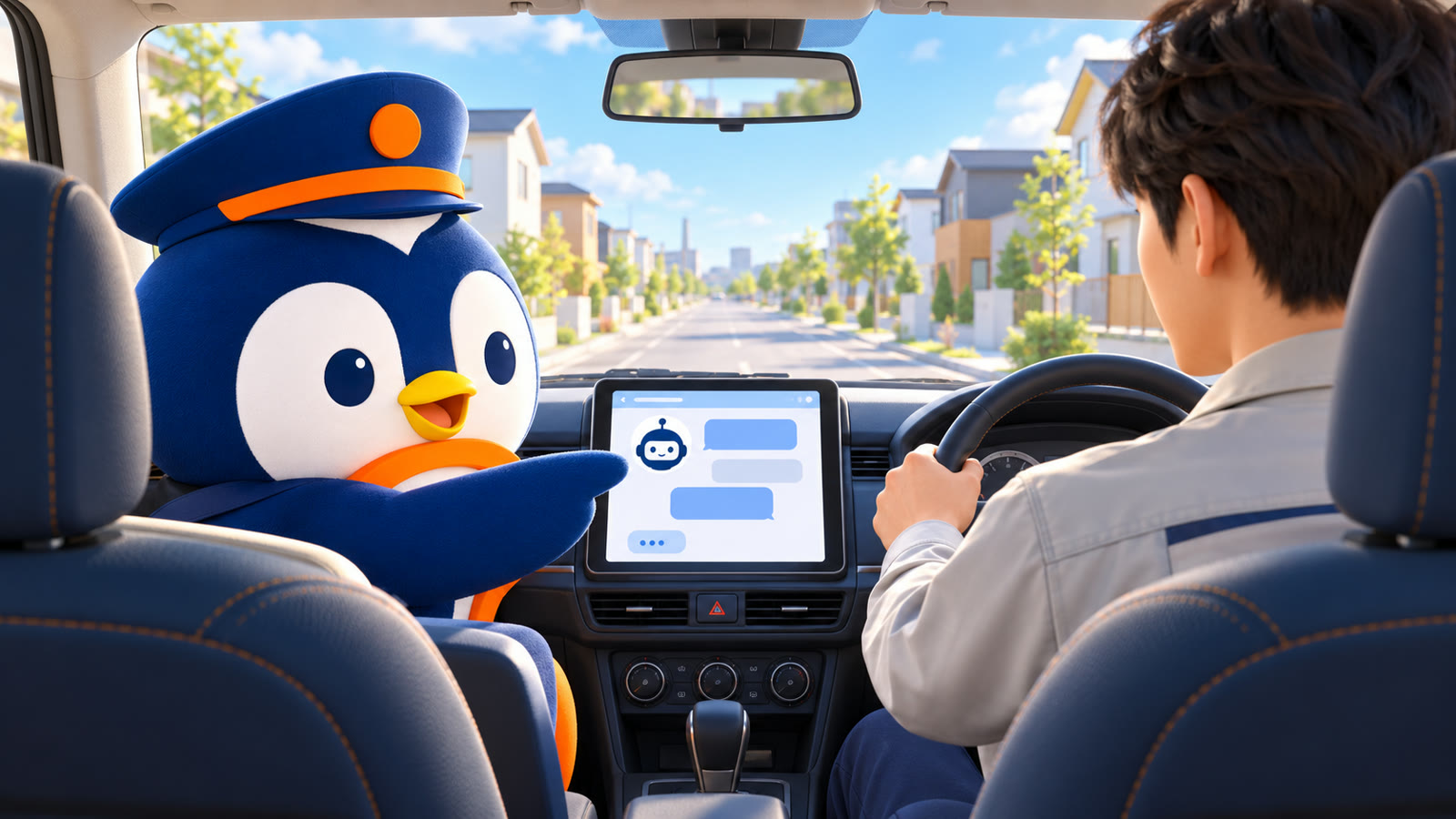 教習車の助手席でタブレットのAI画面を指さすペンギンの教官と、運転席でハンドルを握る住宅会社の社員
